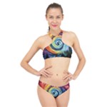 Cosmic Rainbow Quilt Artistic Swirl Spiral Forest Silhouette Fantasy High Neck Bikini Set