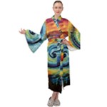 Cosmic Rainbow Quilt Artistic Swirl Spiral Forest Silhouette Fantasy Maxi Velvet Kimono