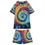 Cosmic Rainbow Quilt Artistic Swirl Spiral Forest Silhouette Fantasy Kids  Swim T-Shirt and Shorts Set
