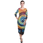 Cosmic Rainbow Quilt Artistic Swirl Spiral Forest Silhouette Fantasy Quarter Sleeve Midi Velour Bodycon Dress
