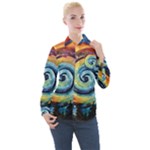 Cosmic Rainbow Quilt Artistic Swirl Spiral Forest Silhouette Fantasy Women s Long Sleeve Pocket Shirt