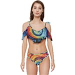 Cosmic Rainbow Quilt Artistic Swirl Spiral Forest Silhouette Fantasy Ruffle Edge Tie Up Bikini Set	
