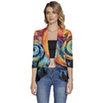 Cosmic Rainbow Quilt Artistic Swirl Spiral Forest Silhouette Fantasy Women s 3/4 Sleeve Ruffle Edge Open Front Jacket