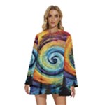 Cosmic Rainbow Quilt Artistic Swirl Spiral Forest Silhouette Fantasy Round Neck Long Sleeve Bohemian Style Chiffon Mini Dress