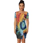 Cosmic Rainbow Quilt Artistic Swirl Spiral Forest Silhouette Fantasy Fitted Knot Split End Bodycon Dress