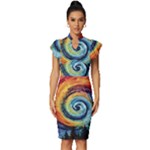 Cosmic Rainbow Quilt Artistic Swirl Spiral Forest Silhouette Fantasy Vintage Frill Sleeve V-Neck Bodycon Dress