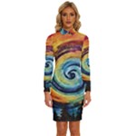 Cosmic Rainbow Quilt Artistic Swirl Spiral Forest Silhouette Fantasy Long Sleeve Shirt Collar Bodycon Dress