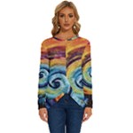 Cosmic Rainbow Quilt Artistic Swirl Spiral Forest Silhouette Fantasy Long Sleeve Crew Neck Pullover Top