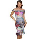 Digital Computer Technology Office Information Modern Media Web Connection Art Creatively Colorful C Off Shoulder Ruffle Split Hem Bodycon Dress