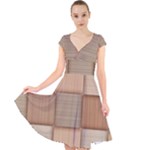 Wooden Wickerwork Texture Square Pattern Cap Sleeve Front Wrap Midi Dress