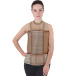 Wooden Wickerwork Texture Square Pattern Mock Neck Chiffon Sleeveless Top