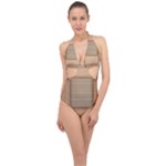 Wooden Wickerwork Texture Square Pattern Halter Front Plunge Swimsuit