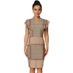 Wooden Wickerwork Texture Square Pattern Vintage Frill Sleeve V-Neck Bodycon Dress
