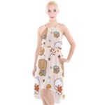 Bear Cartoon Background Pattern Seamless Animal High-Low Halter Chiffon Dress 