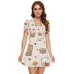 Bear Cartoon Background Pattern Seamless Animal V-Neck High Waist Chiffon Mini Dress