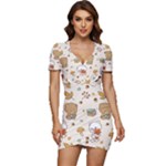 Bear Cartoon Background Pattern Seamless Animal Low Cut Cap Sleeve Mini Dress