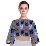 Cat Cat Background Animals Little Cat Pets Kittens Tie Back Butterfly Sleeve Chiffon Top