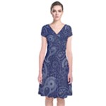 Blue Paisley Texture, Blue Paisley Ornament Short Sleeve Front Wrap Dress