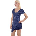 Blue Paisley Texture, Blue Paisley Ornament Short Sleeve Asymmetric Mini Dress