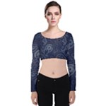 Blue Paisley Texture, Blue Paisley Ornament Velvet Long Sleeve Crop Top