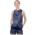 Blue Paisley Texture, Blue Paisley Ornament High Neck Satin Top