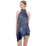 Blue Paisley Texture, Blue Paisley Ornament Halter Asymmetric Satin Top