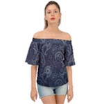 Blue Paisley Texture, Blue Paisley Ornament Off Shoulder Short Sleeve Top