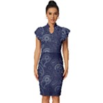 Blue Paisley Texture, Blue Paisley Ornament Vintage Frill Sleeve V-Neck Bodycon Dress