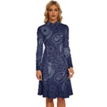 Blue Paisley Texture, Blue Paisley Ornament Long Sleeve Shirt Collar A-Line Dress