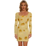 Cheese Texture, Yellow Cheese Background Long Sleeve Square Neck Bodycon Velvet Dress