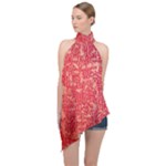 Chinese Hieroglyphs Patterns, Chinese Ornaments, Red Chinese Halter Asymmetric Satin Top