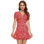 Chinese Hieroglyphs Patterns, Chinese Ornaments, Red Chinese V-Neck High Waist Chiffon Mini Dress