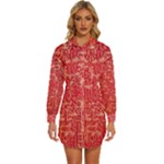 Chinese Hieroglyphs Patterns, Chinese Ornaments, Red Chinese Womens Long Sleeve Shirt Dress