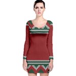 Christmas Pattern, Fabric Texture, Knitted Red Background Long Sleeve Velvet Bodycon Dress