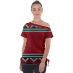 Christmas Pattern, Fabric Texture, Knitted Red Background Off Shoulder Tie-Up T-Shirt