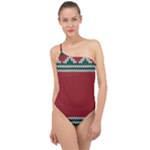 Christmas Pattern, Fabric Texture, Knitted Red Background Classic One Shoulder Swimsuit