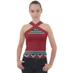 Christmas Pattern, Fabric Texture, Knitted Red Background Cross Neck Velour Top