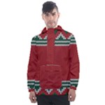 Christmas Pattern, Fabric Texture, Knitted Red Background Men s Front Pocket Pullover Windbreaker