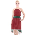 Christmas Pattern, Fabric Texture, Knitted Red Background High-Low Halter Chiffon Dress 