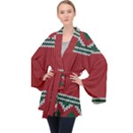 Christmas Pattern, Fabric Texture, Knitted Red Background Long Sleeve Velvet Kimono 