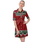 Christmas Pattern, Fabric Texture, Knitted Red Background Belted Shirt Dress
