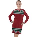 Christmas Pattern, Fabric Texture, Knitted Red Background Long Sleeve Hoodie Dress