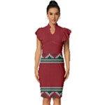 Christmas Pattern, Fabric Texture, Knitted Red Background Vintage Frill Sleeve V-Neck Bodycon Dress