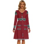 Christmas Pattern, Fabric Texture, Knitted Red Background Long Sleeve Dress With Pocket