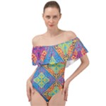 Colorful Floral Ornament, Floral Patterns Off Shoulder Velour Bodysuit 