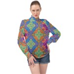 Colorful Floral Ornament, Floral Patterns High Neck Long Sleeve Chiffon Top