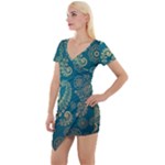 European Pattern, Blue, Desenho, Retro, Style Short Sleeve Asymmetric Mini Dress