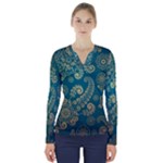 European Pattern, Blue, Desenho, Retro, Style V-Neck Long Sleeve Top