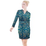 European Pattern, Blue, Desenho, Retro, Style Button Long Sleeve Dress