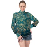 European Pattern, Blue, Desenho, Retro, Style High Neck Long Sleeve Chiffon Top